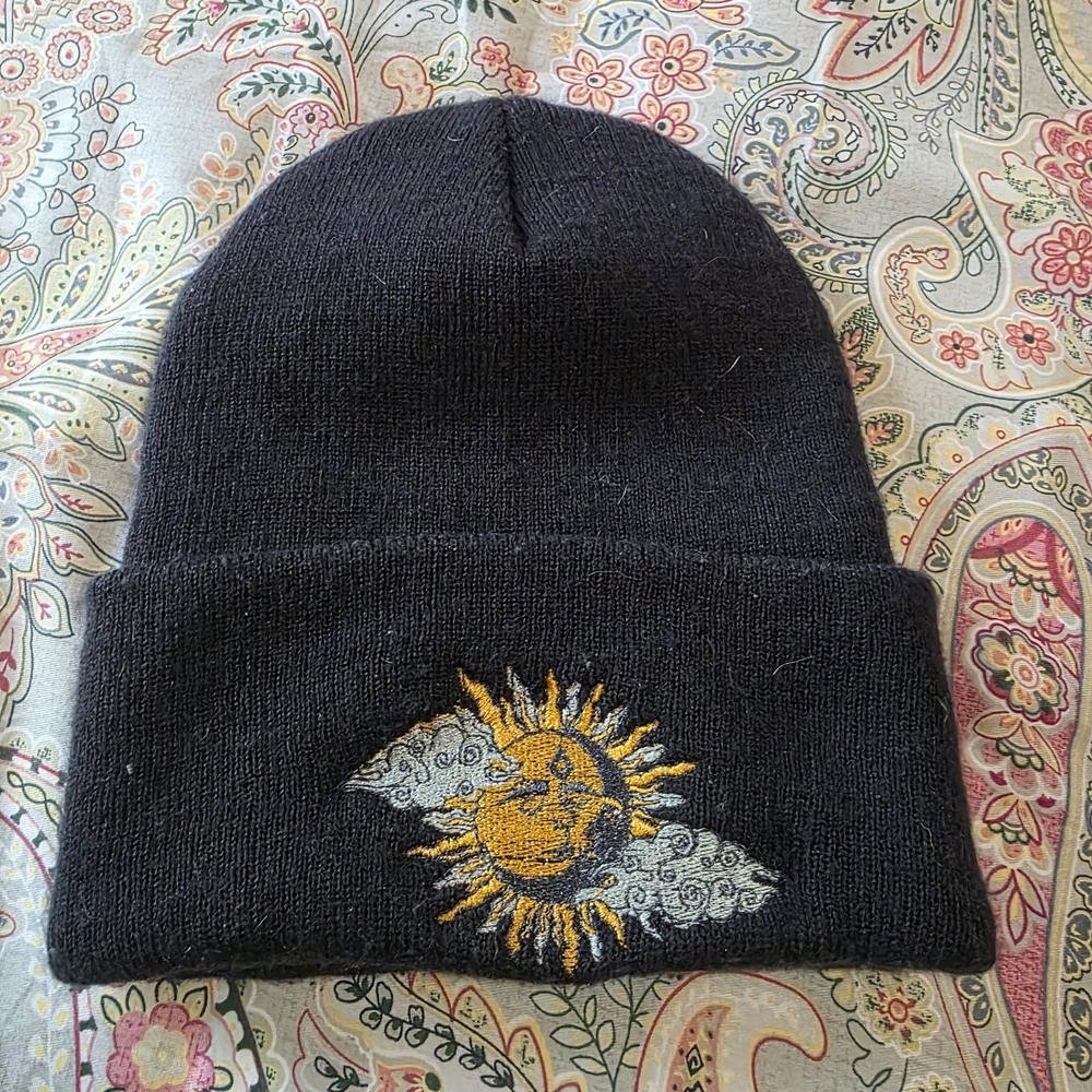 Navy Blue  Beanie with Sun and Moon Embroidery